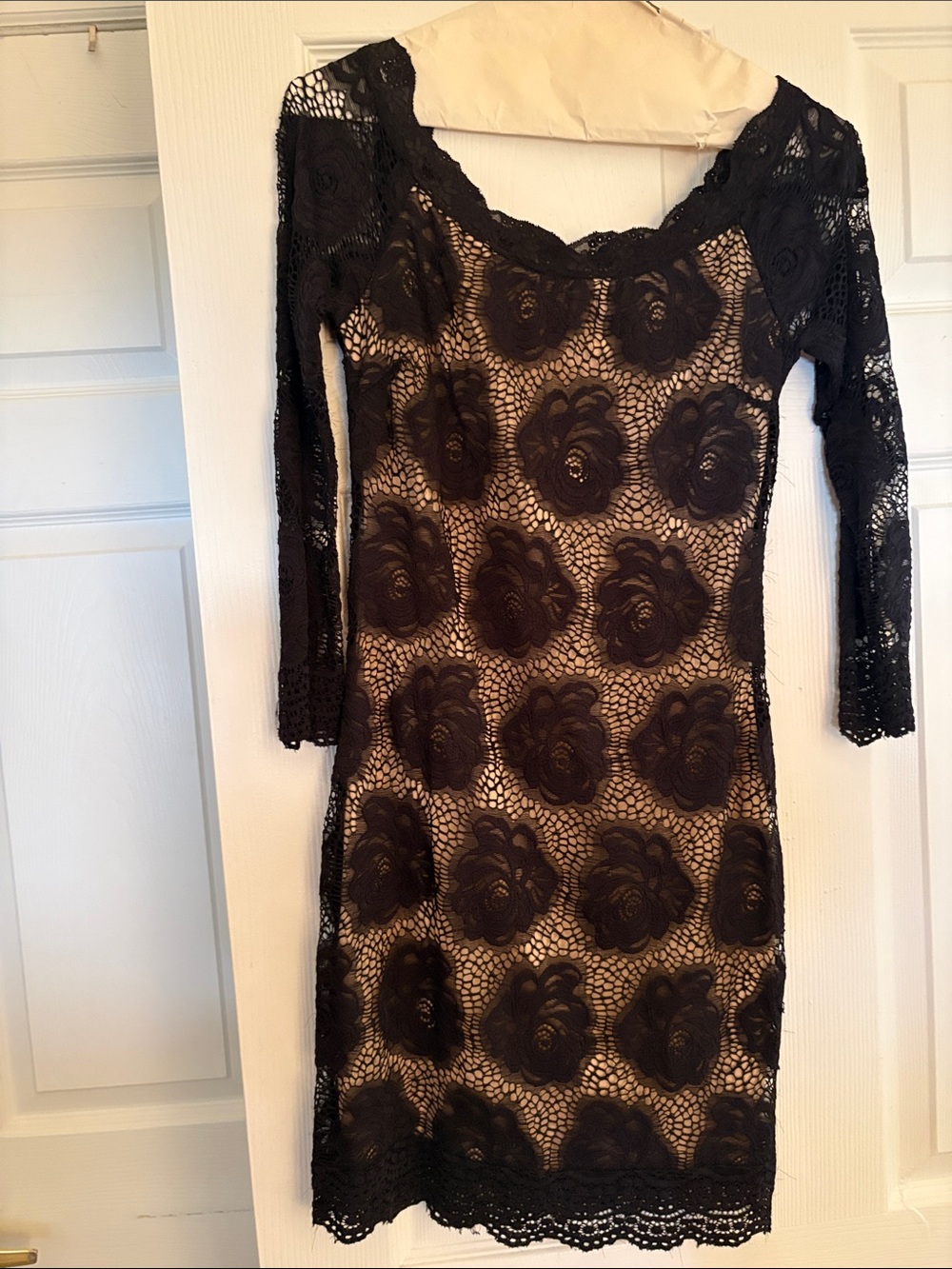 Black Floral Lace Long Sleeve Sheath Dress- off the shoulder